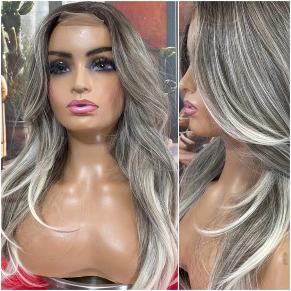 center lace grey white mixed layered wig